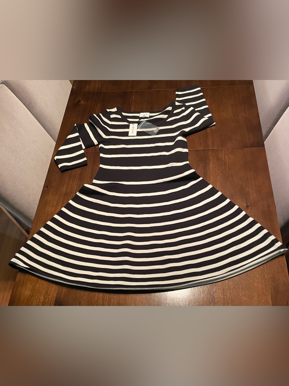 Milly NWT Black White Striped Engineered Rib Dress Flare Boat Neck Dress Size L